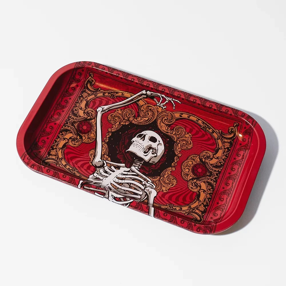 Red rolling tray with skeleton graphic and ornate baroque design, smoking accessories decor