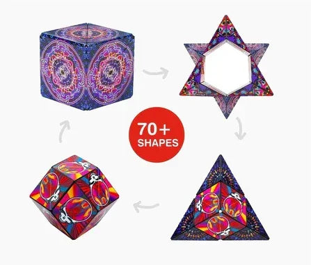Colorful geometric puzzle toy with psychedelic patterns, forms 70+ unique shapes.