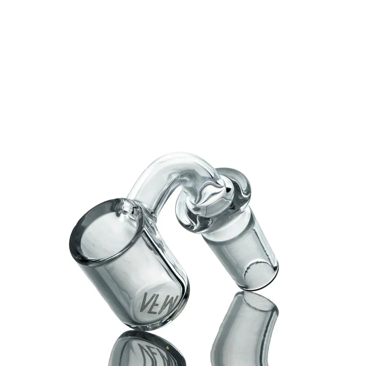 Clear glass quartz banger attachment for dab rig, VLW logo, on white background