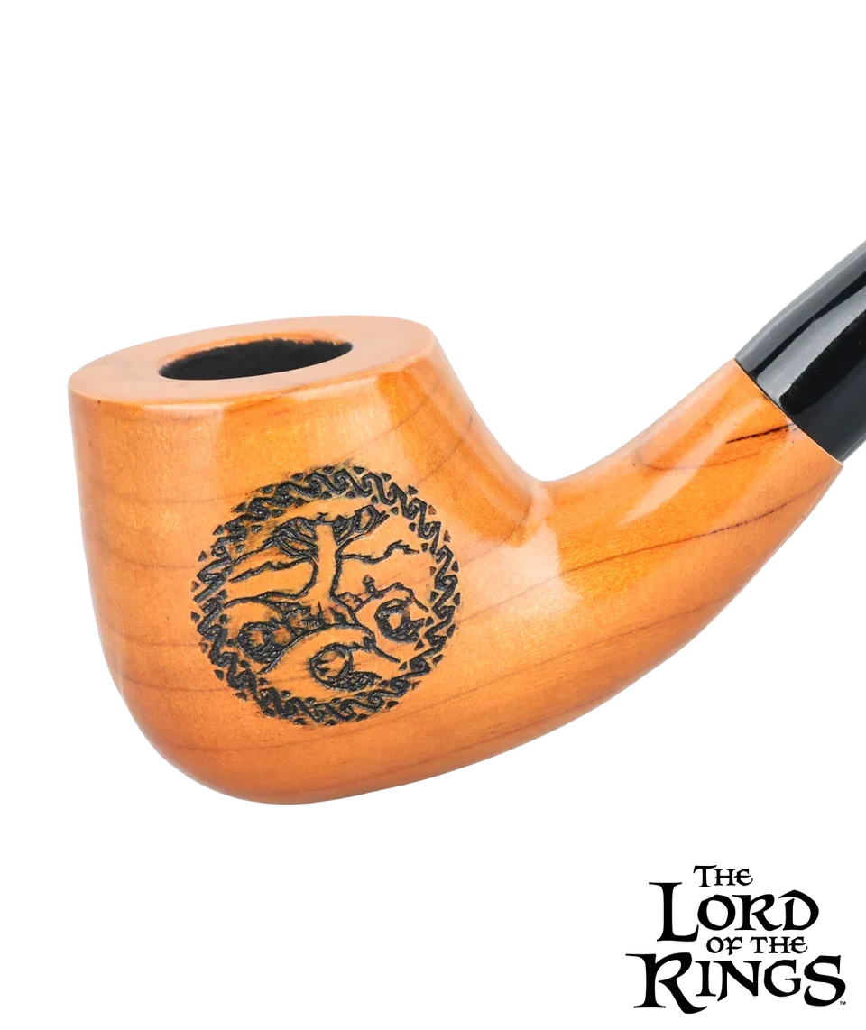 Wooden smoking pipe with engraved tree design, black stem, Lord of the Rings logo