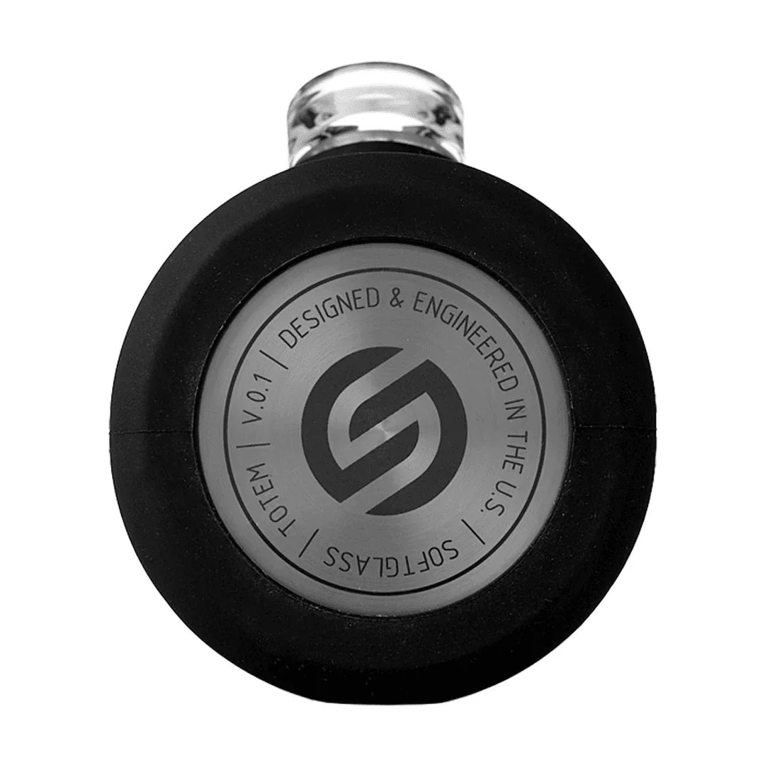 Black and silver glass pipe base with engraved logo and text, smoke shop accessory
