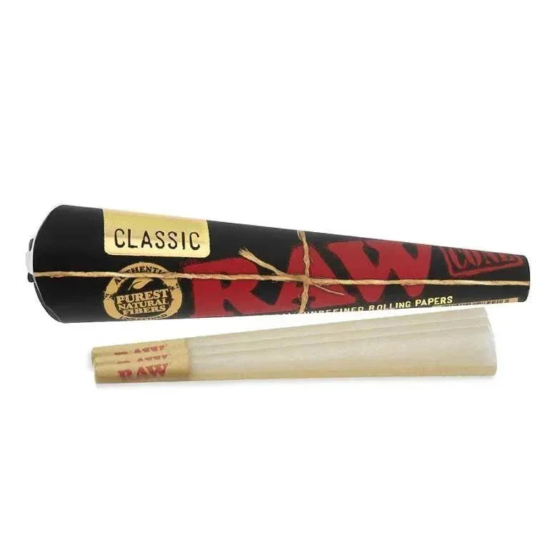 RAW Classic King Size pre-rolled cones three-pack with black packaging and gold accents