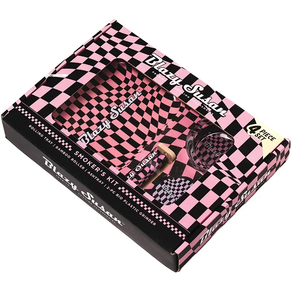 Blazy Susan pink and black checkered 4-piece smoker's kit in retail packaging
