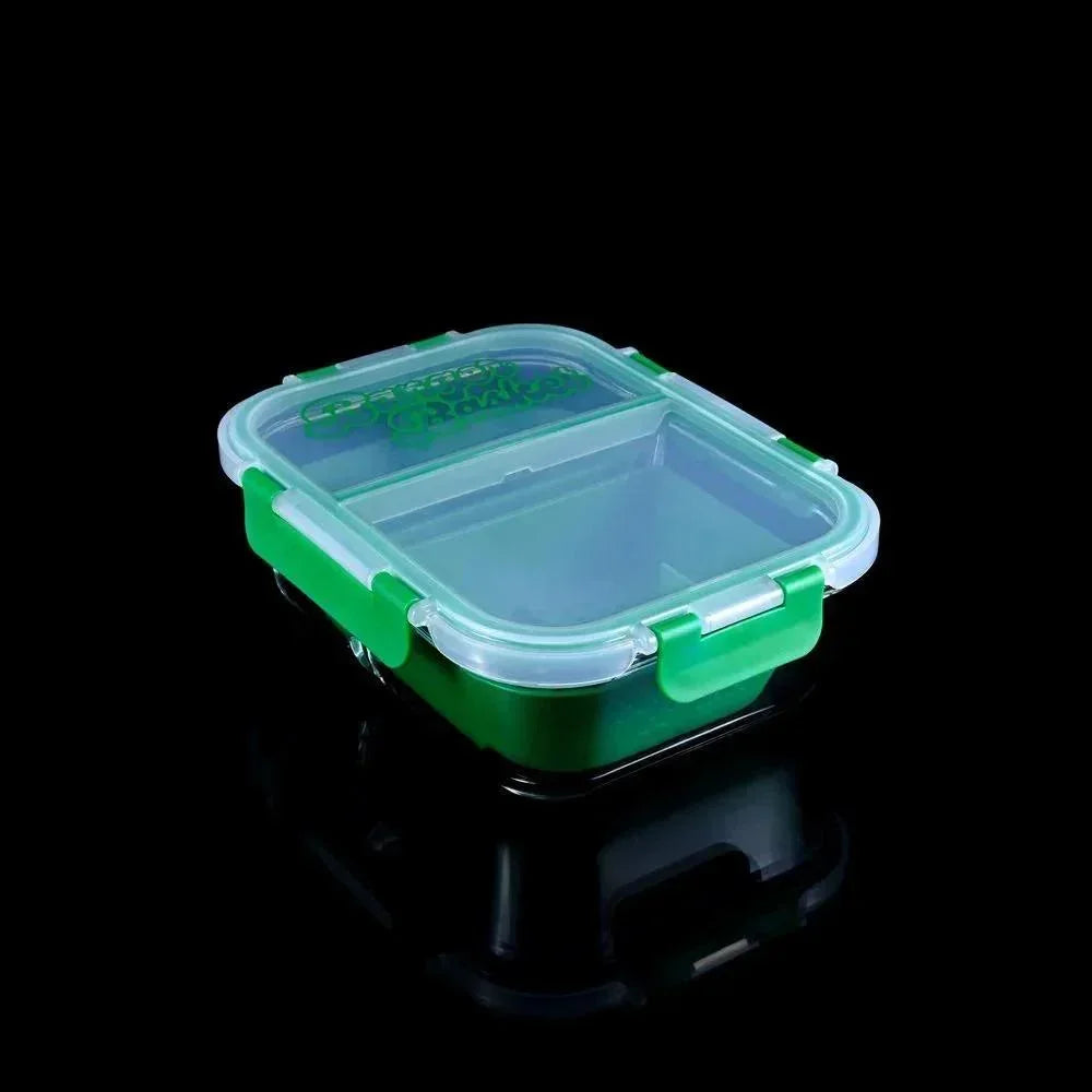 Green plastic locking storage container with clear lid on black background