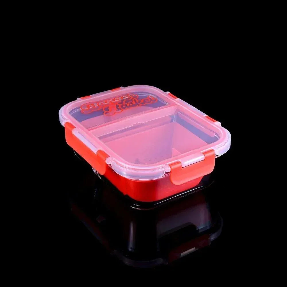 Red plastic storage container with clear locking lid on black background