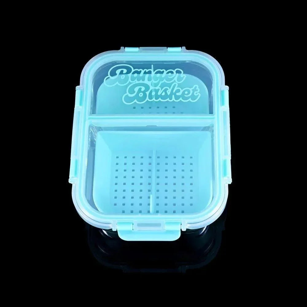 Teal Banger Basket plastic storage container with divided compartments and perforated tray