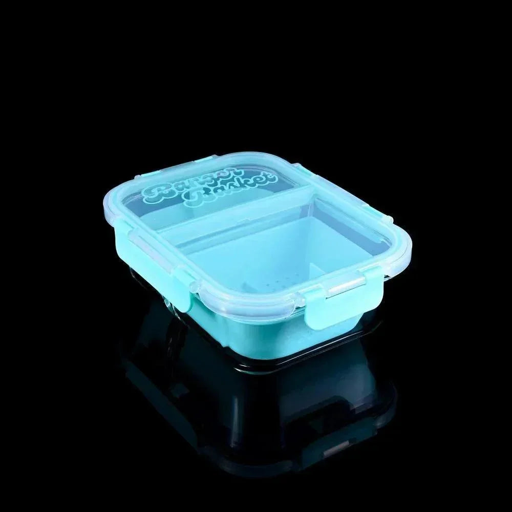Teal Banger Basket container with clear lid for cleaning glass accessories on black background.