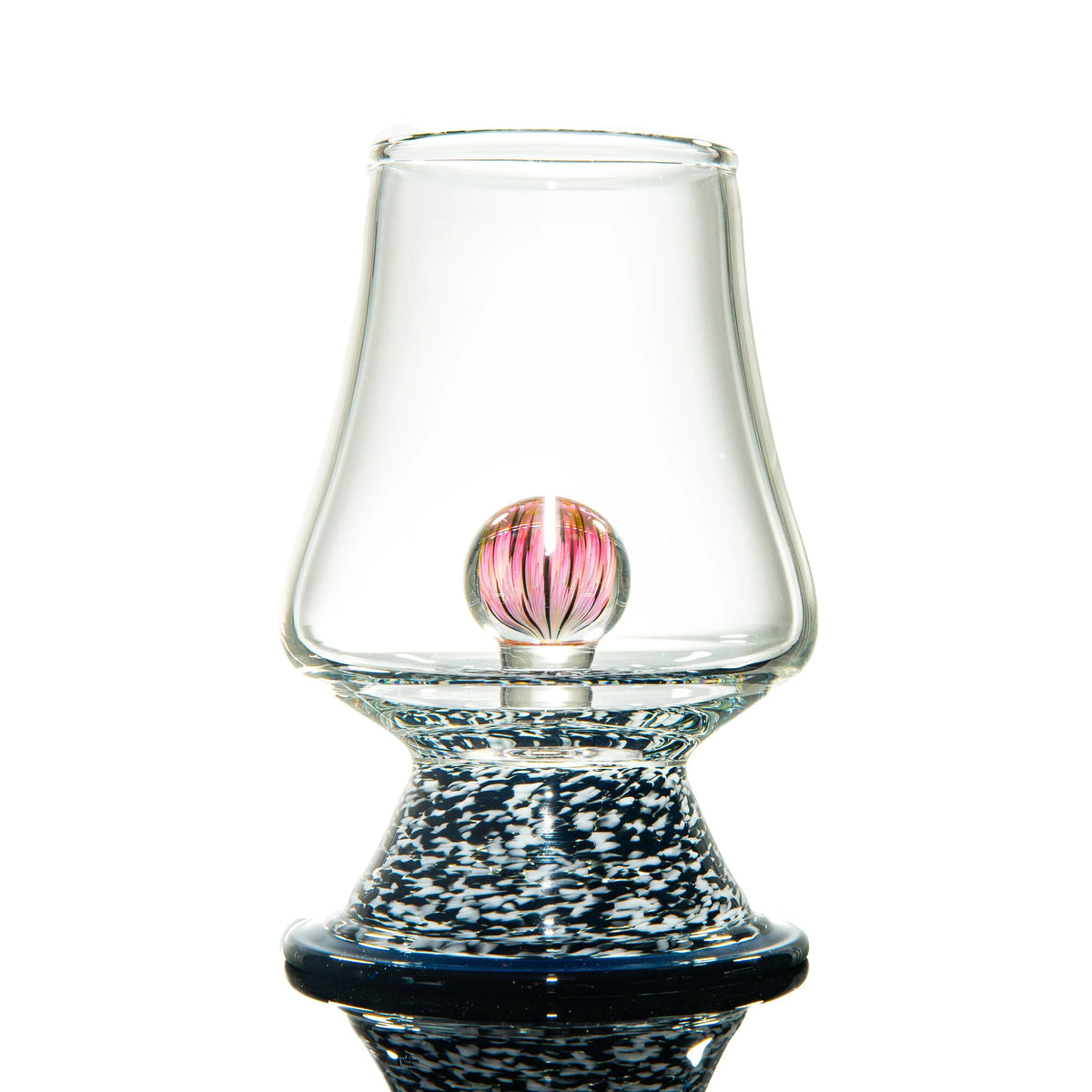 Hand-blown glass attachment with pink marble accent and speckled glass base, vaporizer accessory