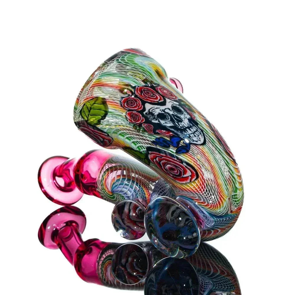 Colorful heady glass pipe with intricate skull and rose design, art glass smoking accessory