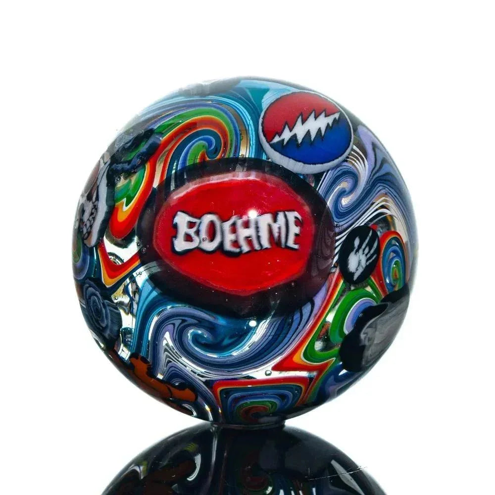 Handmade colorful marble art glass sphere with Boehme text and psychedelic swirl patterns