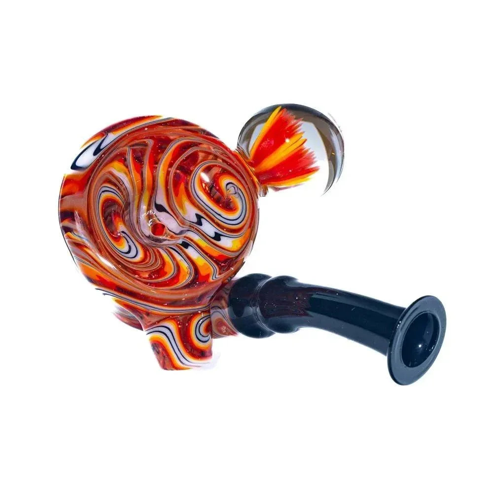 Hand-blown glass Sherlock pipe with orange, white, and black swirl linework design