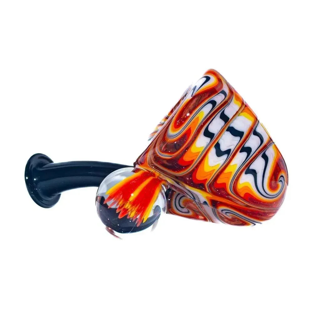 Hand-blown glass Sherlock pipe with vibrant orange, white, and black swirl linework