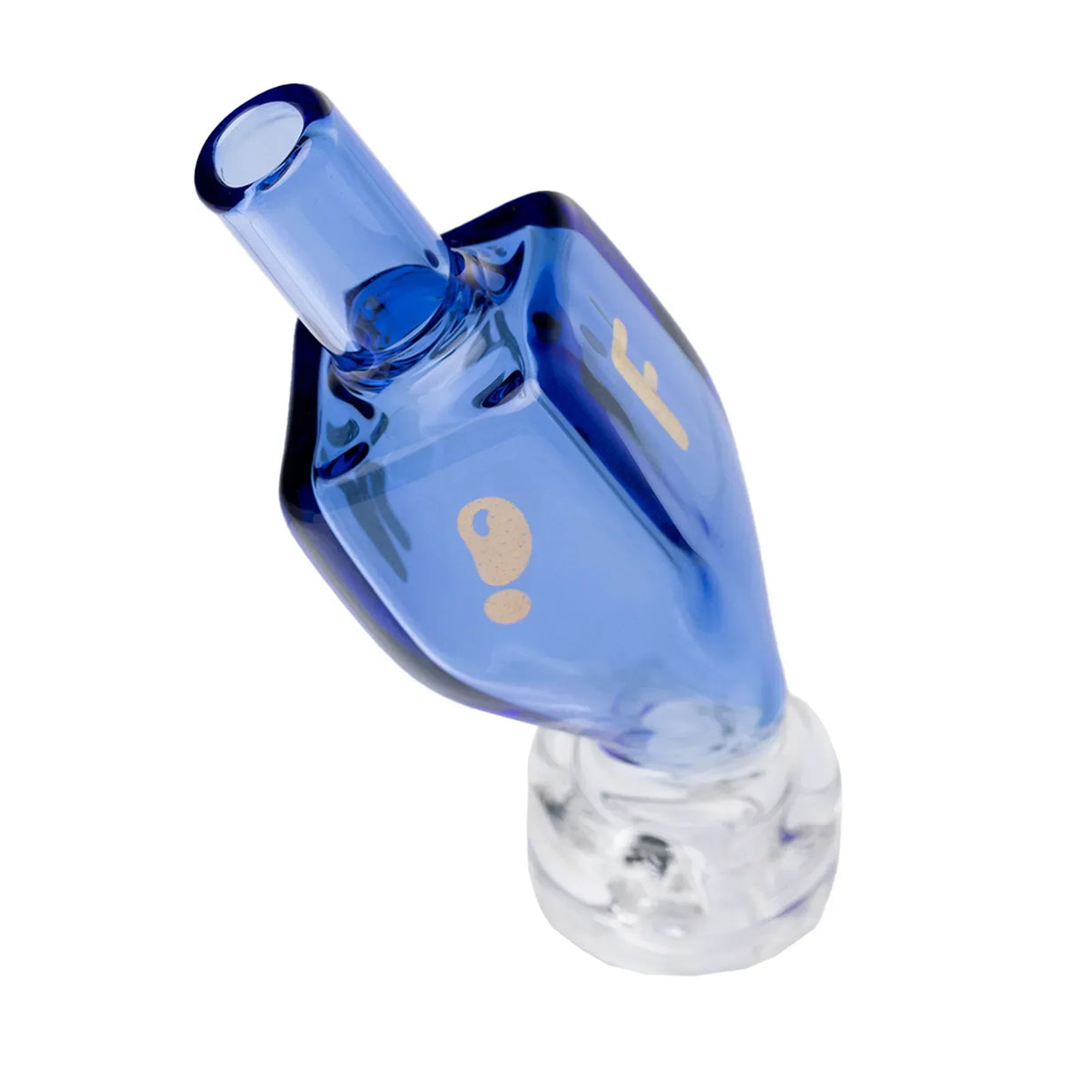 Blue glass dreidel-shaped pipe with clear base and gold accents, photographed on white background
