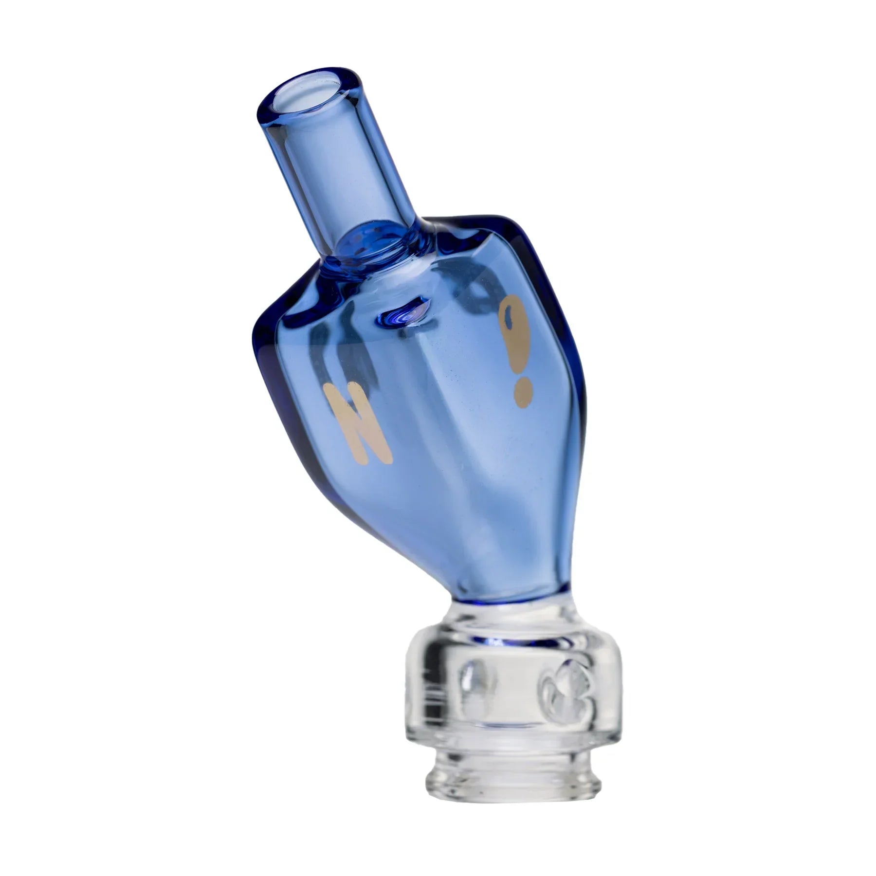 Blue glass dreidel-shaped carb cap with gold lettering for dab rig or water pipe