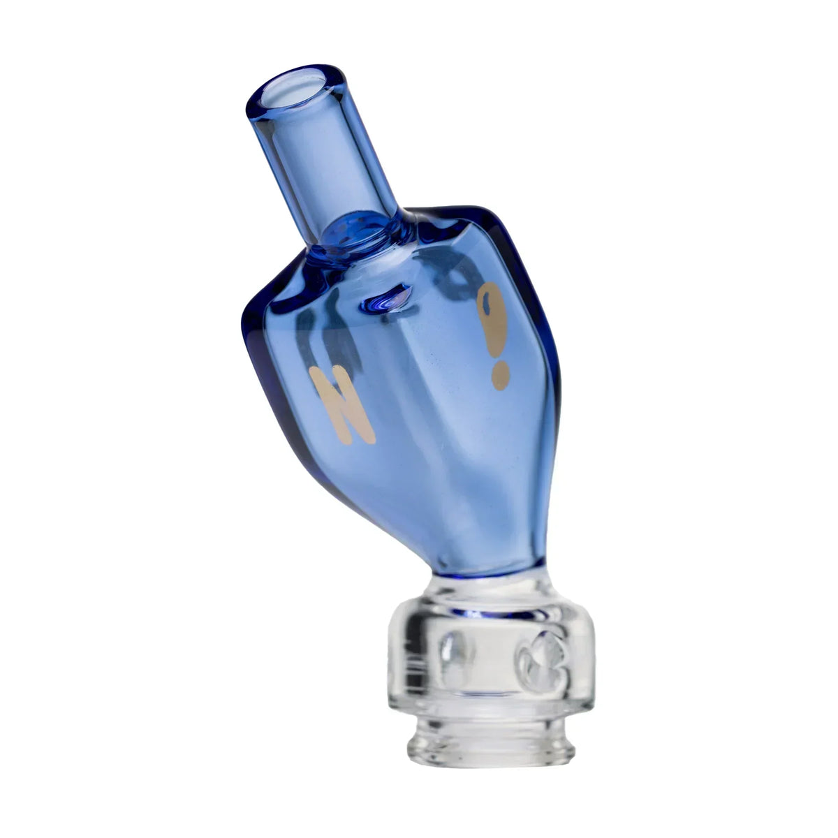Blue glass dreidel-shaped carb cap with gold lettering for dab rig or water pipe