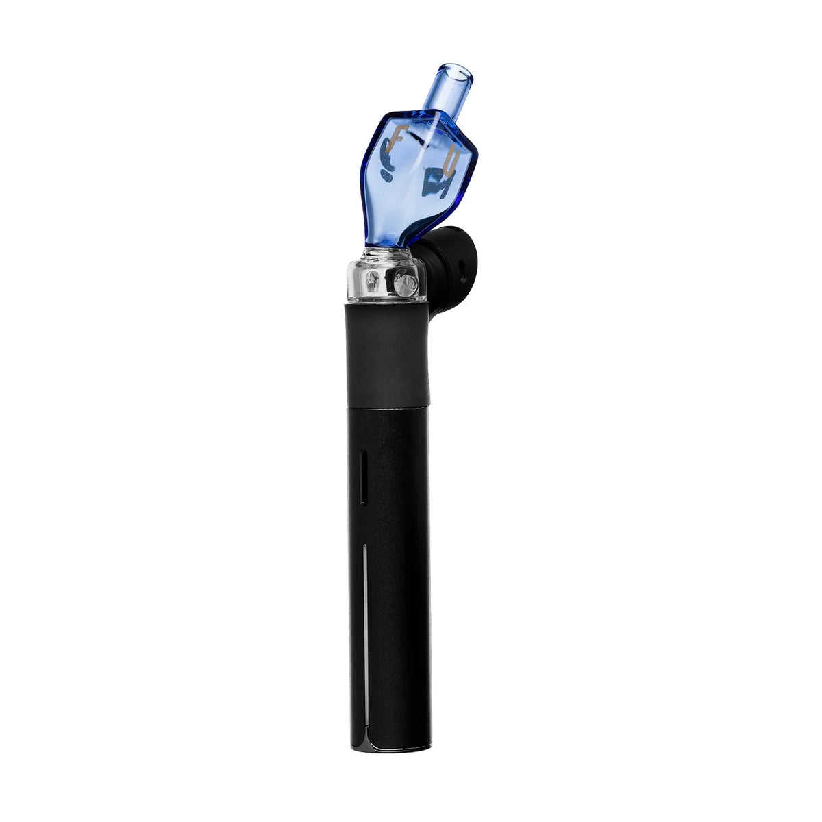 Black handheld vaporizer with unique blue glass mouthpiece on white background