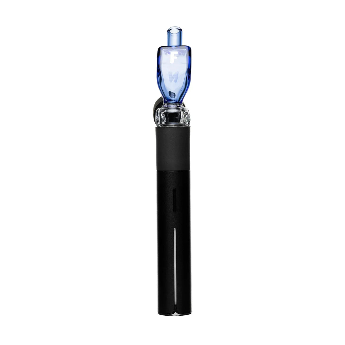 Modern glass and metal vaporizer with blue mouthpiece on white background