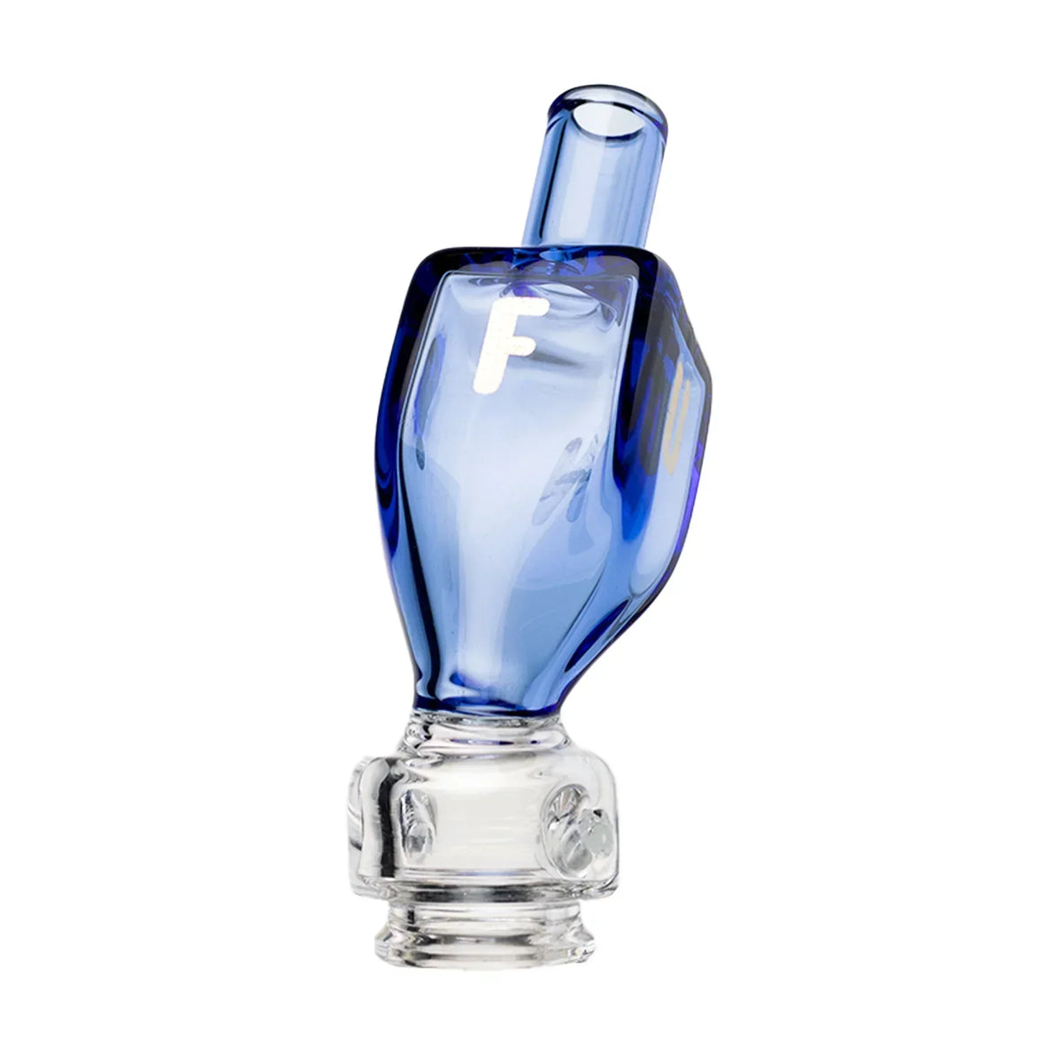 Blue glass dreidel-shaped carb cap with clear glass base for vaporizers or rigs
