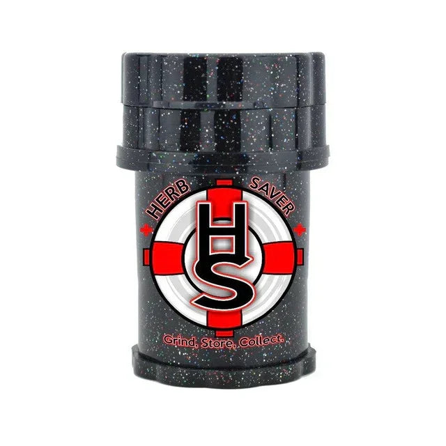 Black glitter herb grinder and storage container with Herb Saver logo and red accents