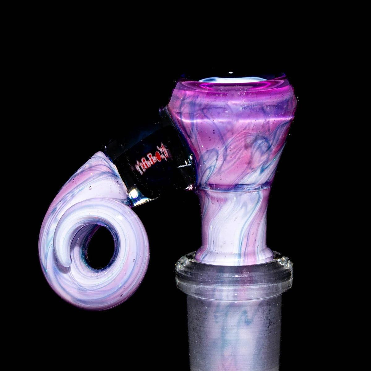 Purple and white glass slide bowl with swirl design for water pipe, 14mm joint.