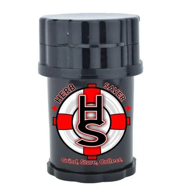 Black Herb Saver grinder and storage container with red and white HS logo on front.