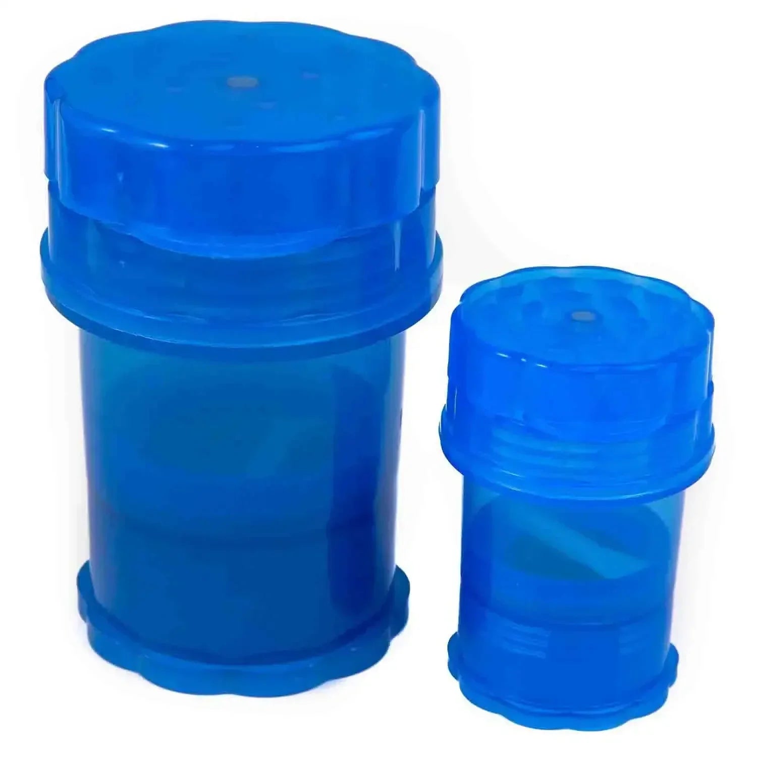 Two blue plastic herb storage containers, one large and one mini, side by side.