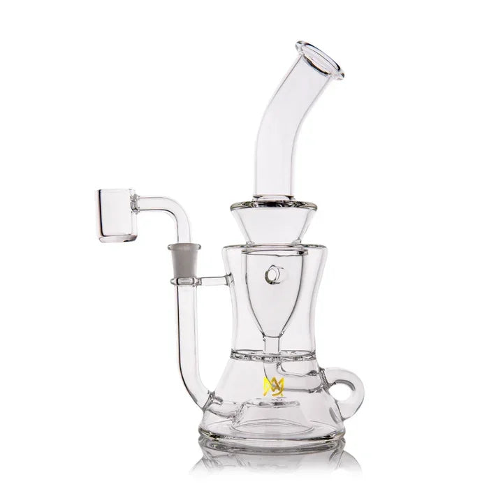 Clear glass recycler dab rig with bent neck and quartz banger attachment on white background.