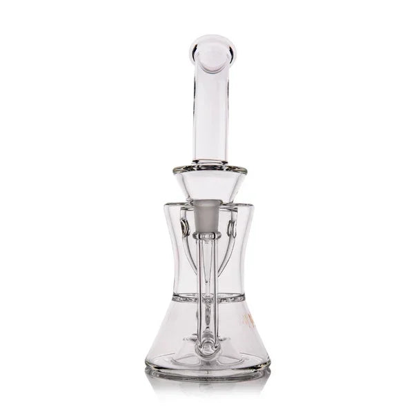 Clear glass water pipe with percolator and wide base on white background