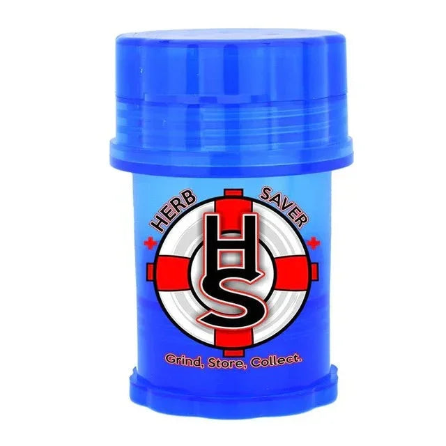 Blue plastic herb grinder and storage container with Herb Saver logo