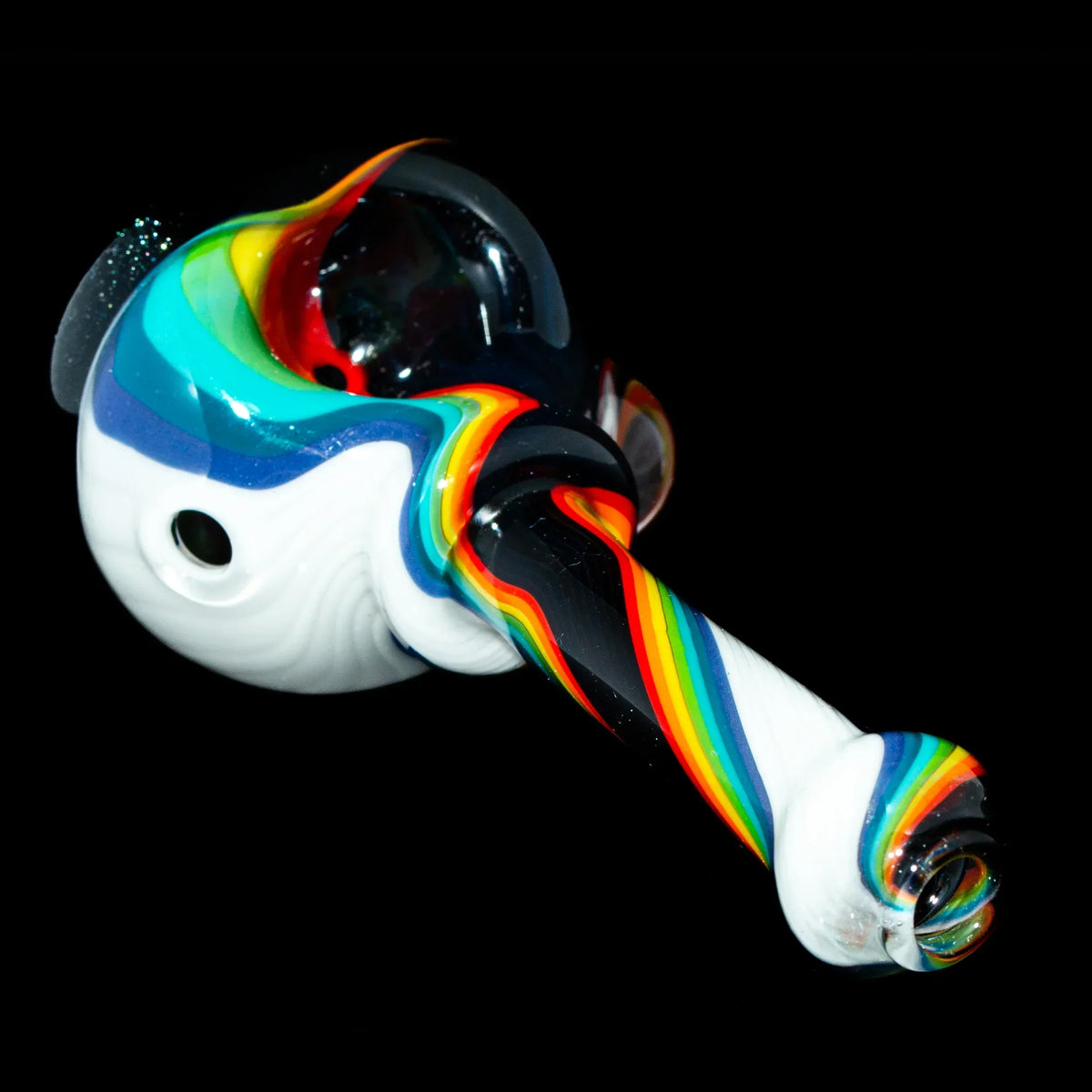 Colorful glass hand pipe with rainbow linework and white swirls on a black background