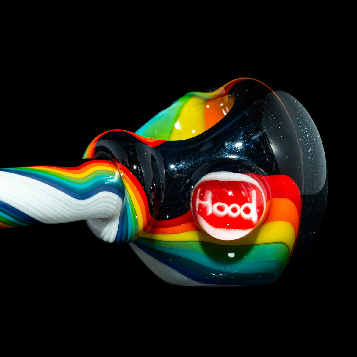 Colorful rainbow glass hand pipe with 'Hood' lettering, unique twisted design on black background