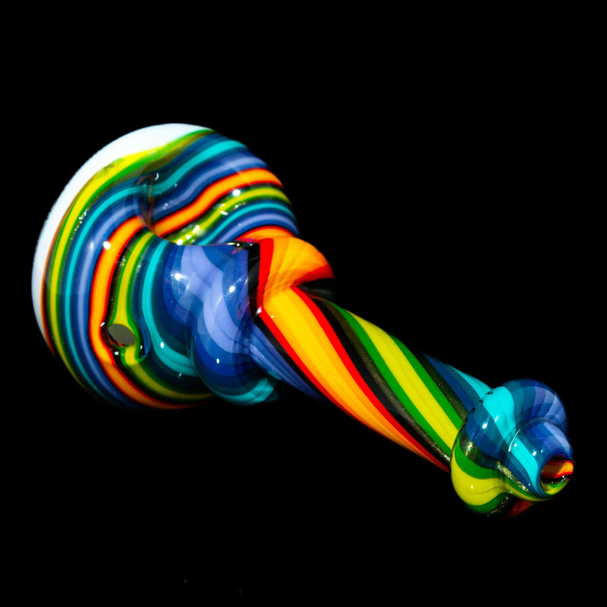 Rainbow linework glass spoon pipe with vibrant stripes on a black background