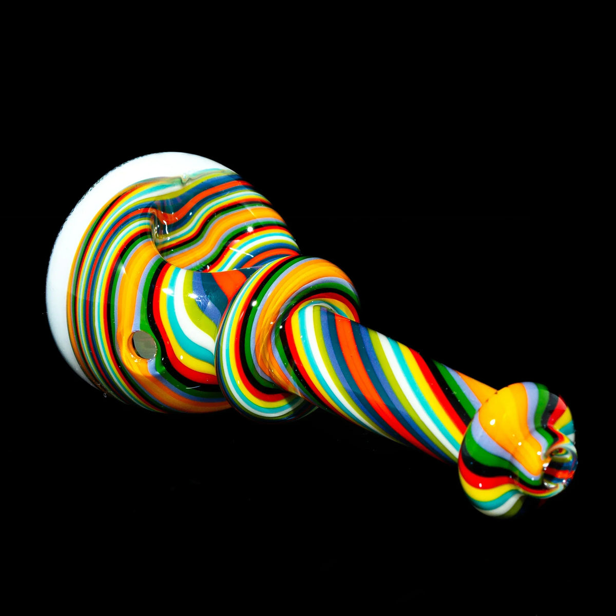 Colorful rainbow linework glass spoon pipe with white accents on black background