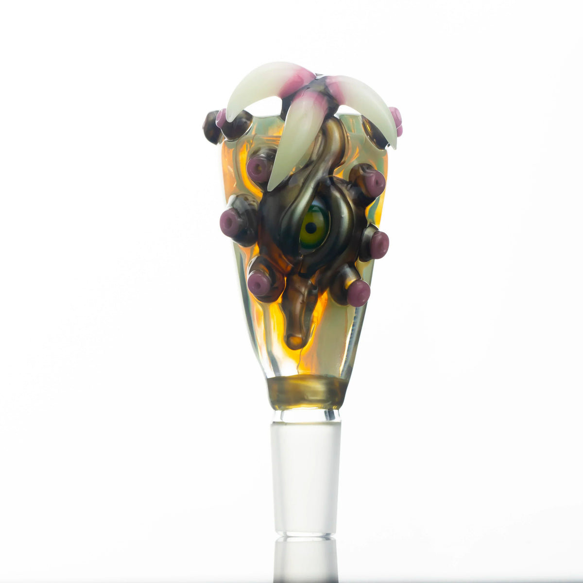 Handblown glass slide with three-hole design, featuring colorful sculpted eye and tentacles.