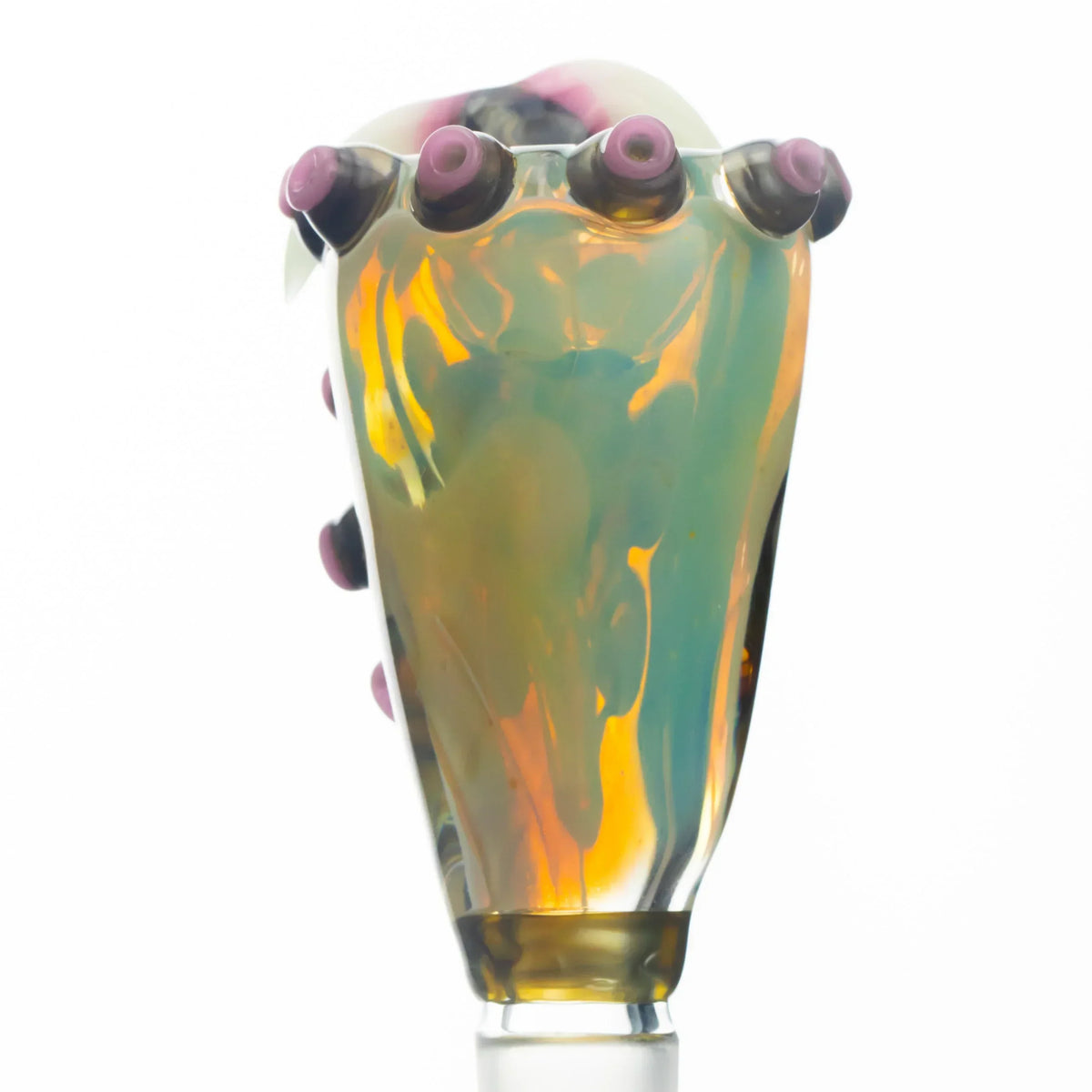 Colorful glass slide bowl with pink knobs and iridescent patterns on a white background