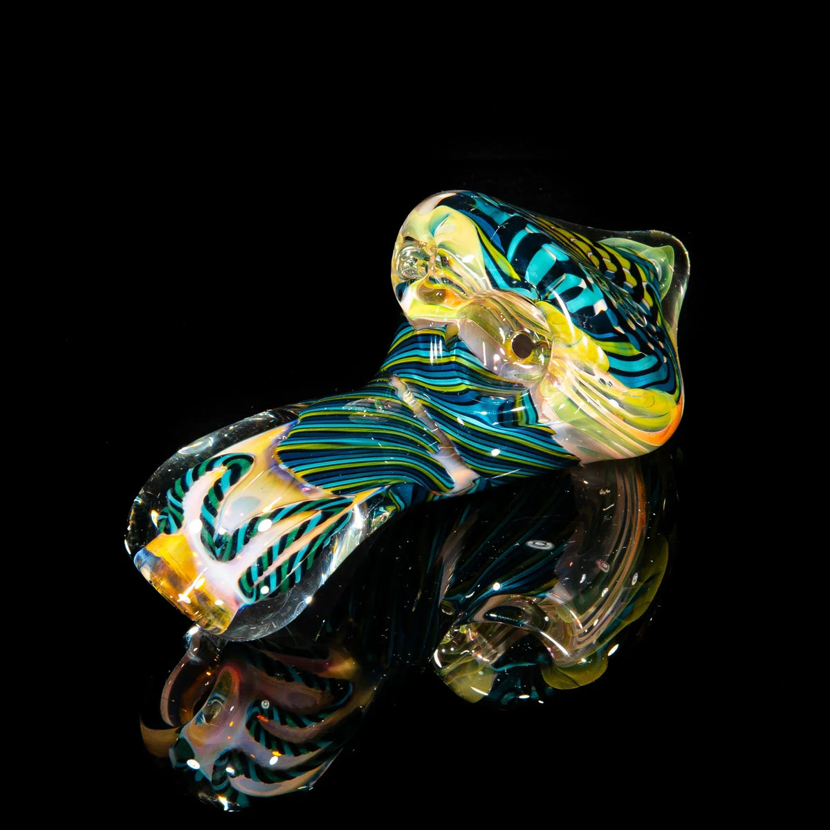 Colorful hand-blown glass sherlock pipe with blue, chartreuse, and teal swirling patterns