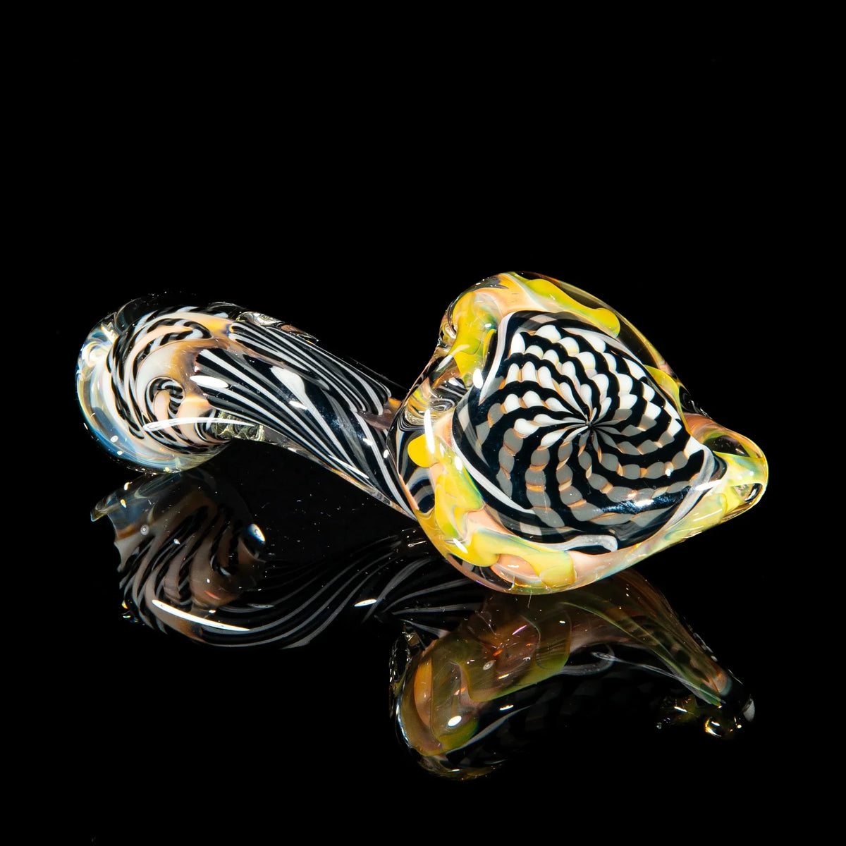 Gray, white, and black reticello Sherlock glass pipe with intricate swirl patterns