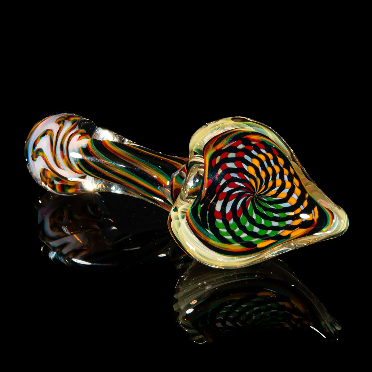 Hand-blown glass sherlock pipe with green, yellow, and brown reticello swirl design