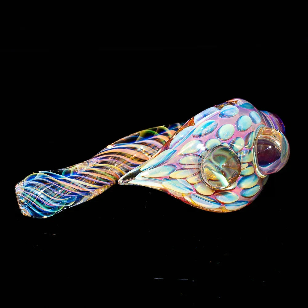 Colorful hand-blown glass pipe with iridescent bubble design on black background