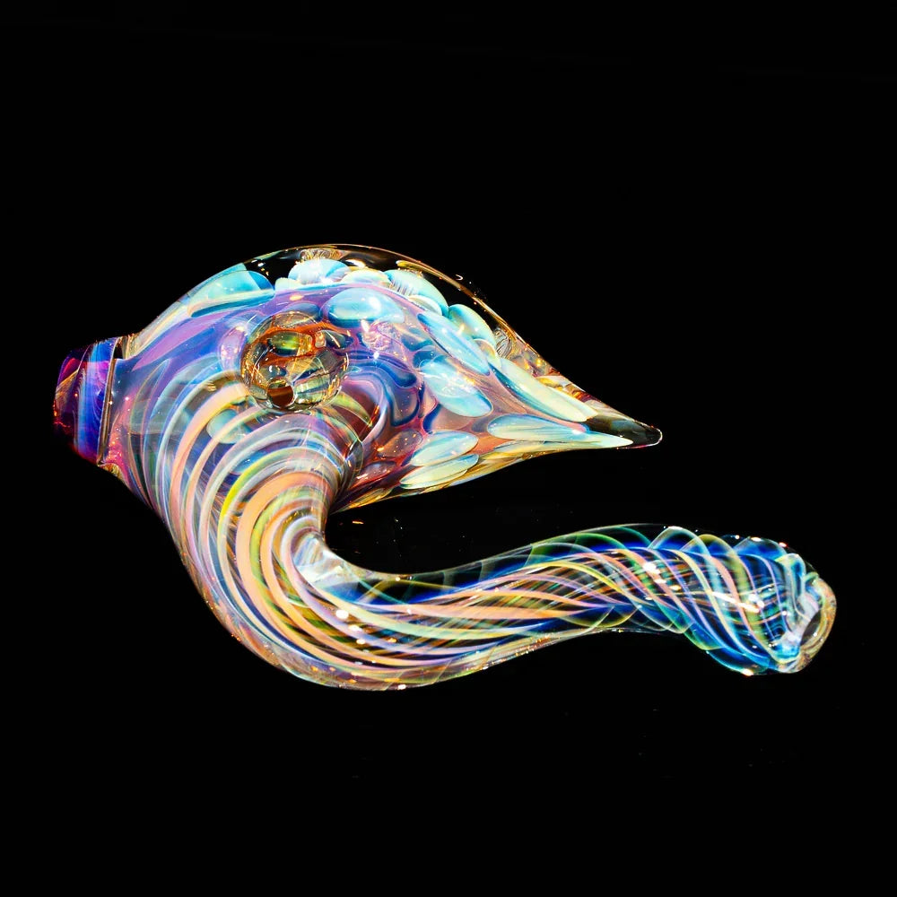 Colorful fume glass hand pipe with swirling patterns and opal accents on a black background