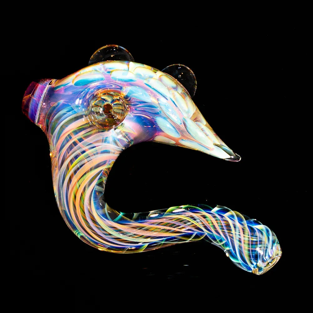 Heady glass hand pipe with colorful swirled patterns and unique artistic shape on black background