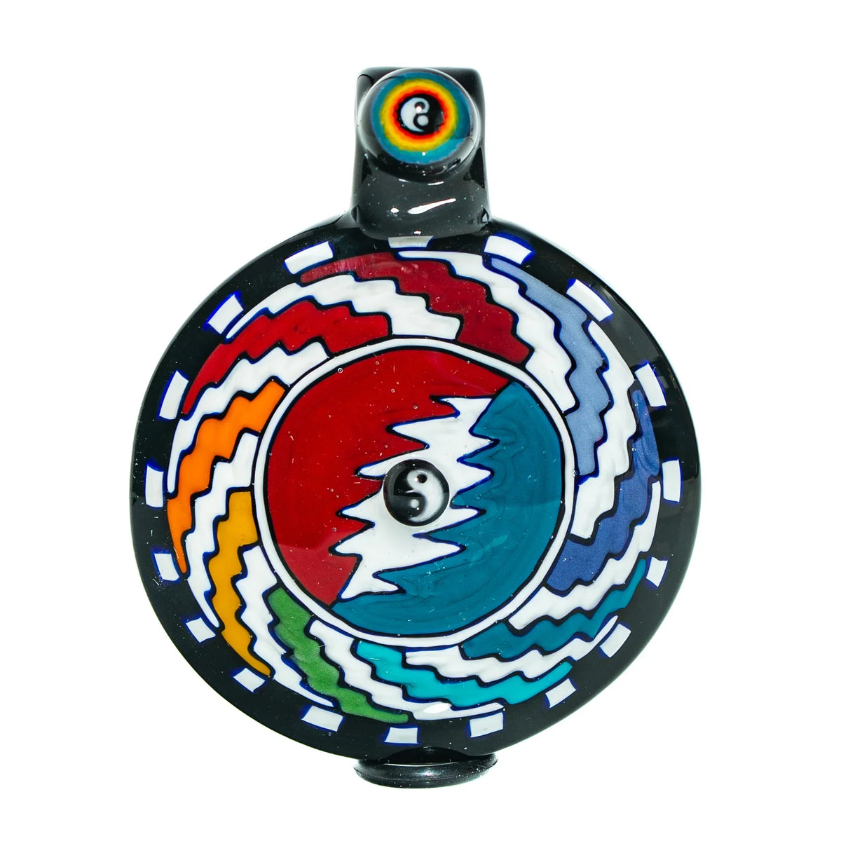 Multicolor glass pendant with yin yang and zigzag abstract design