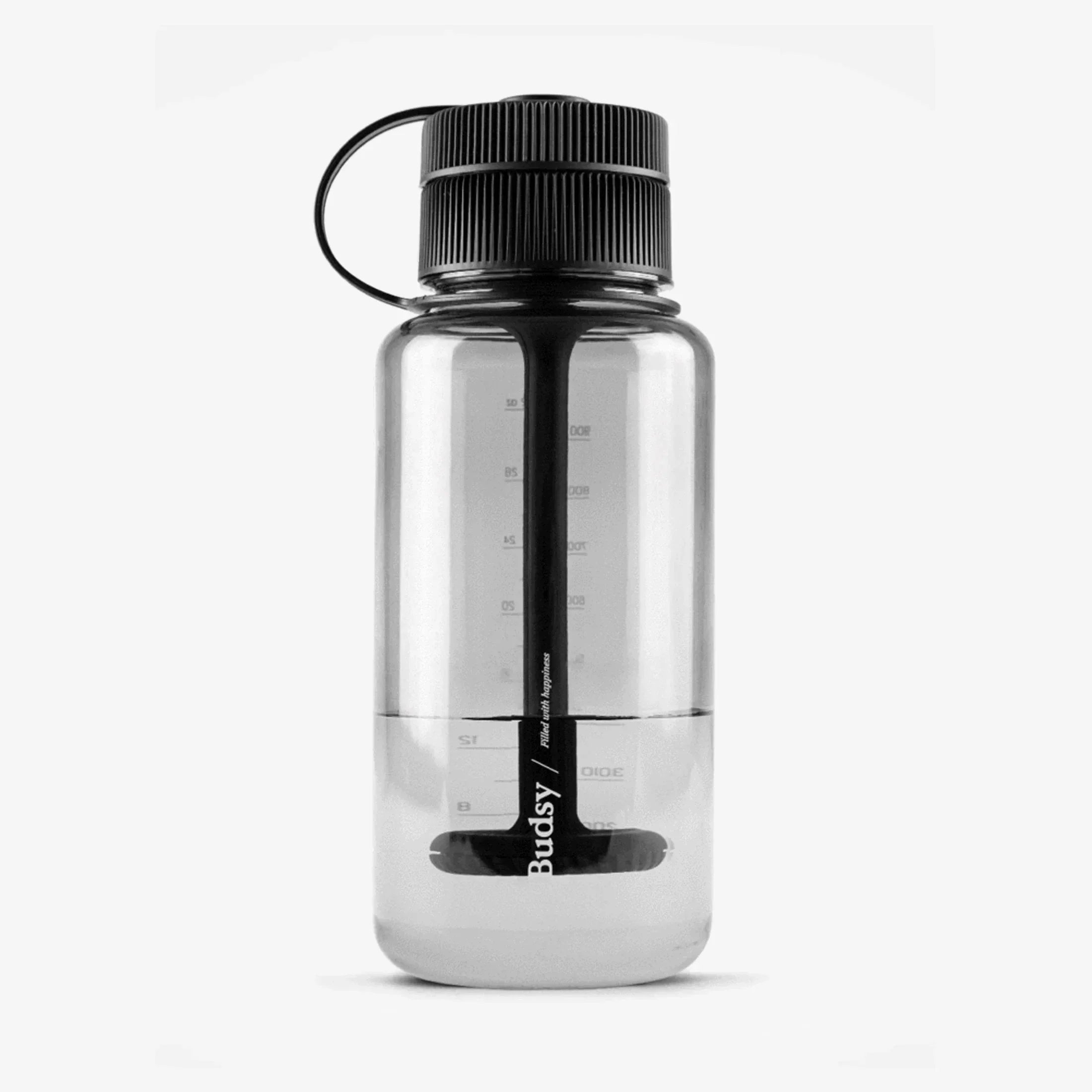 Clear Budsy water bottle bong with black lid and built-in downstem on white background