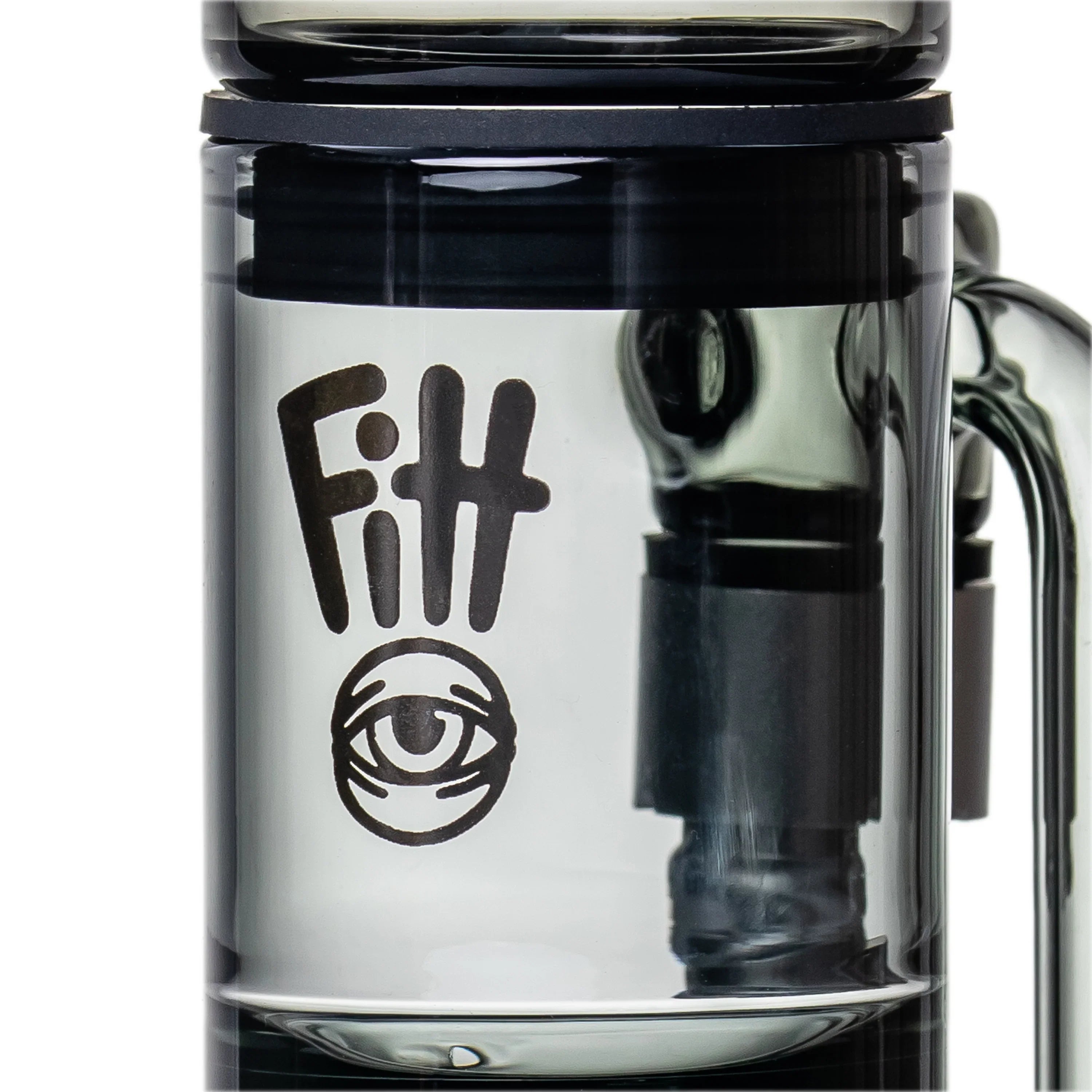 Close-up of Fitt glass water pipe with artistic eye logo, vaporizer accessory