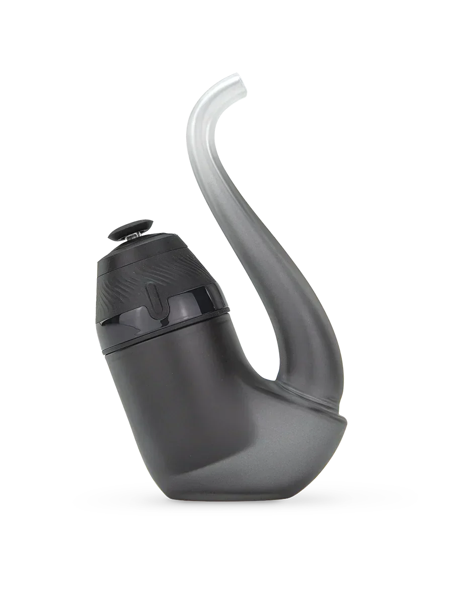 Modern black glass hand pipe with curved mouthpiece on white background