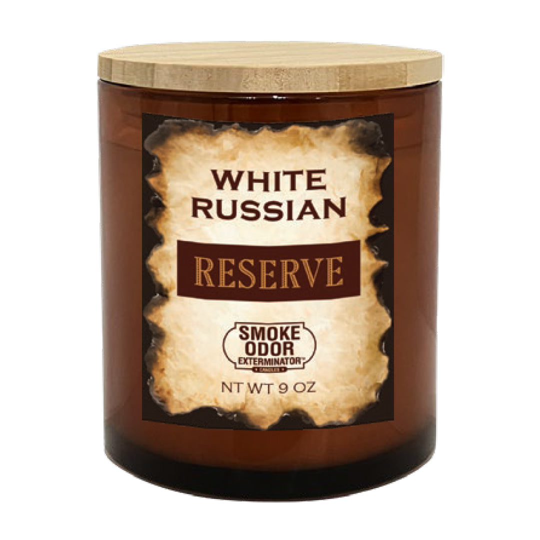 White Russian Reserve smoke odor eliminator candle with wood lid, 9 oz jar