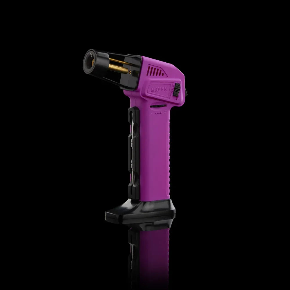 Purple refillable butane torch lighter with ergonomic grip on black background