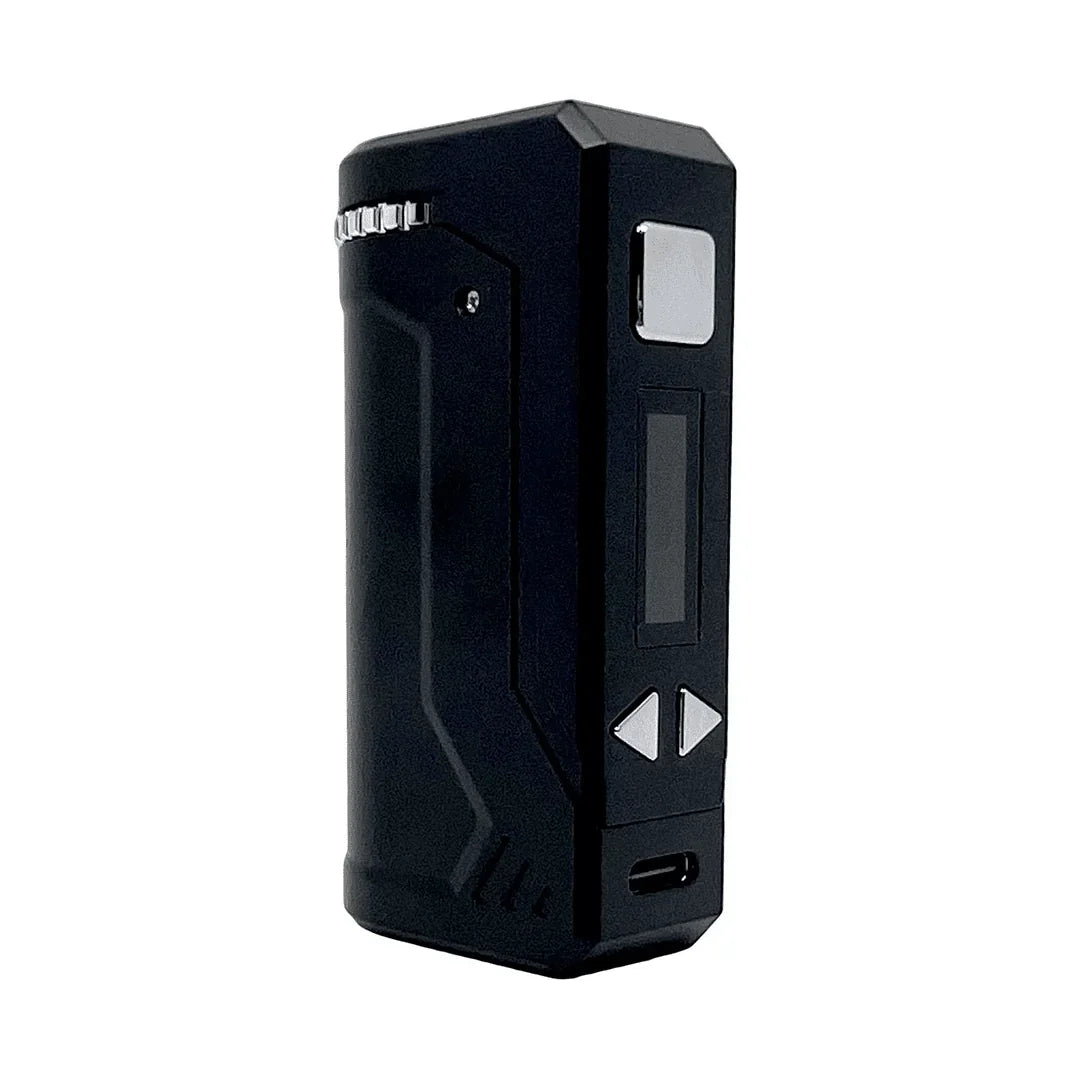Black vape mod box with display screen and control buttons, isolated on white background