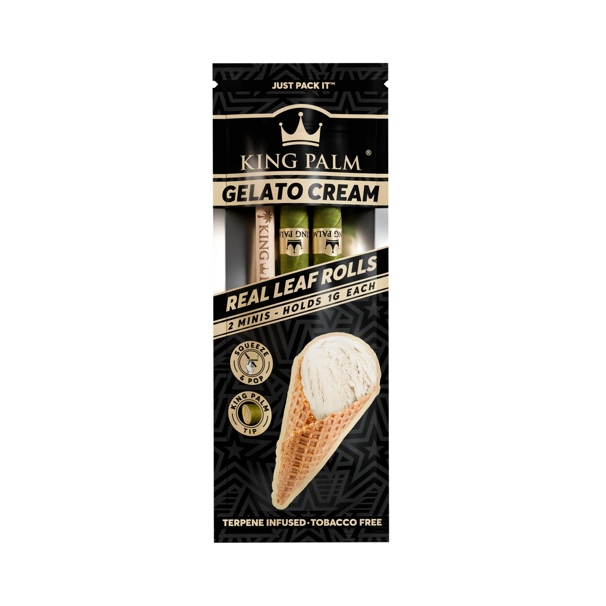 King Palm Gelato Cream real leaf rolls packaging with ice cream cone graphic, 2 minis, tobacco free