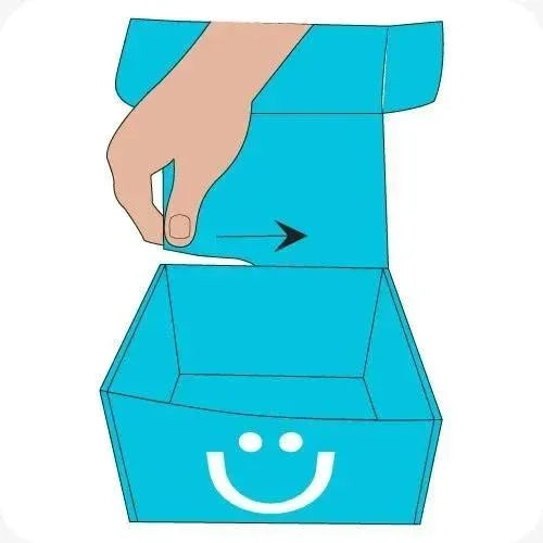 Hand opening blue cardboard box with smiley face icon, packaging instructions illustration